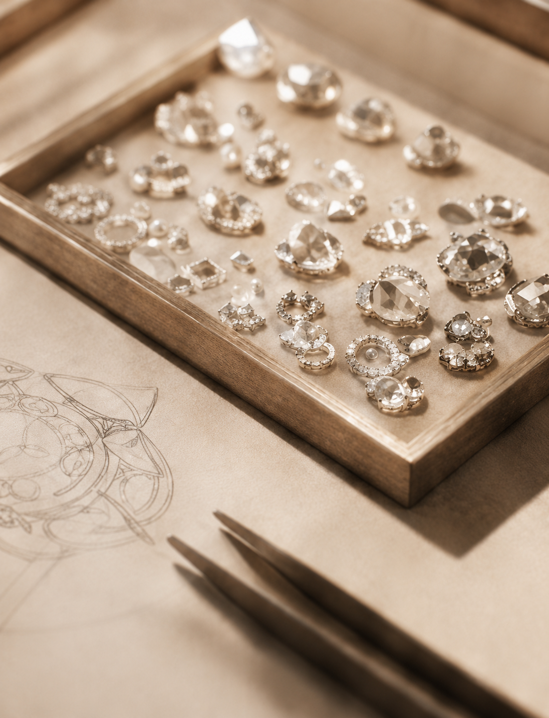 Tray of loose stones beside a design sketch
